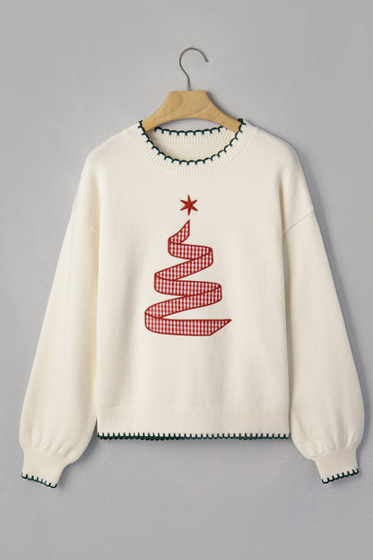 Beige Stitched Detail Christmas Tree Holiday Casual Sweater