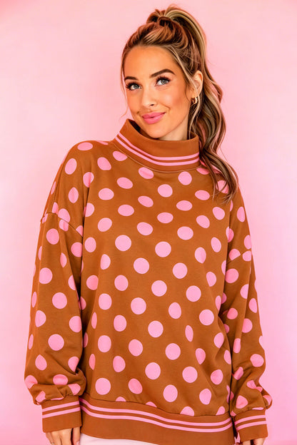 Brown Polka Dot Striped Trim Mock Neck Sweatshirt
