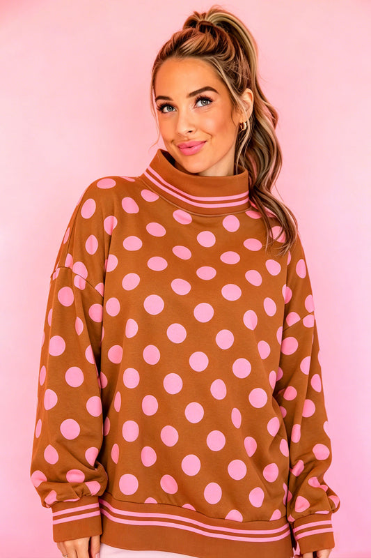 Brown Polka Dot Striped Trim Mock Neck Sweatshirt