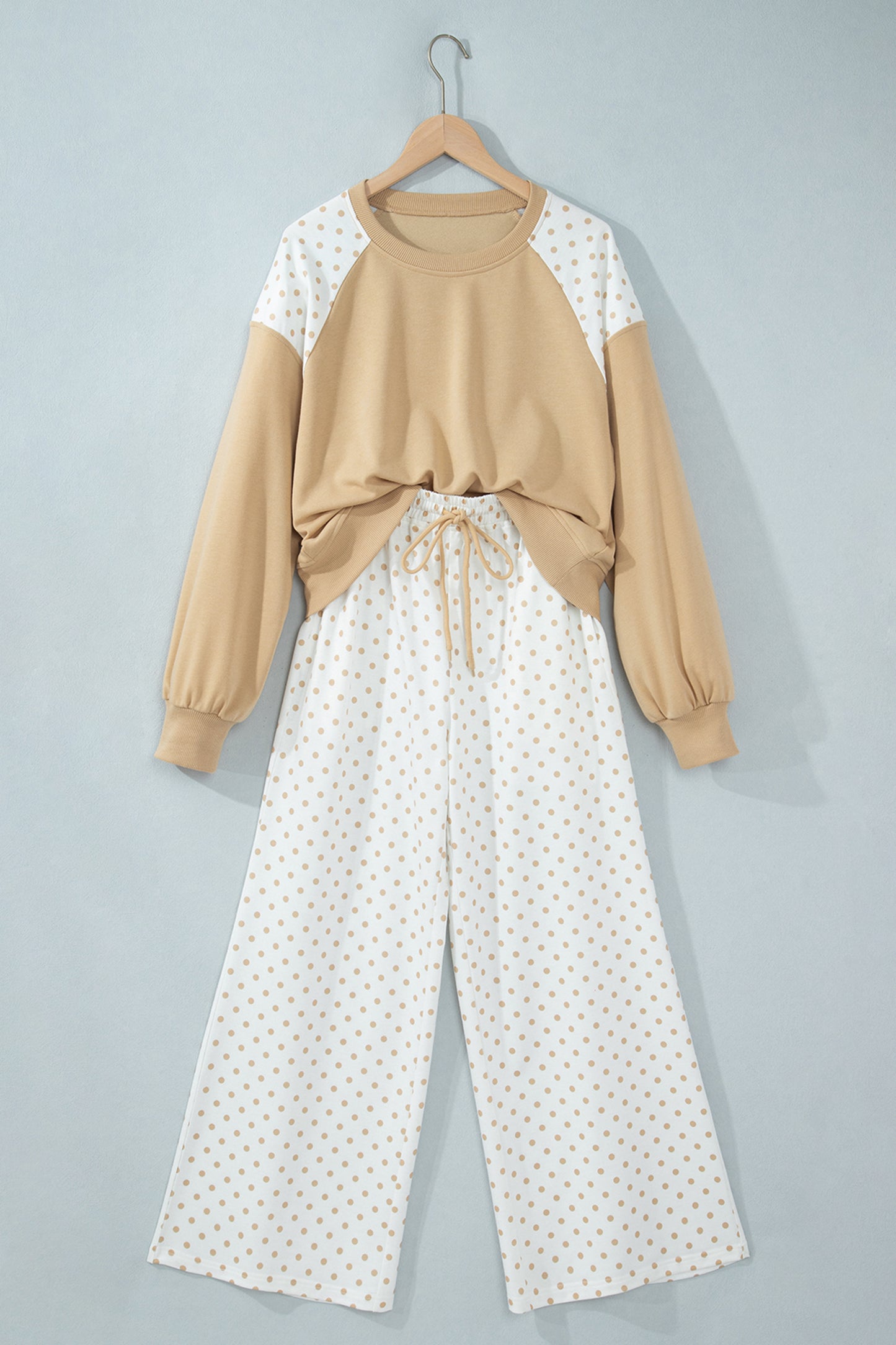 Khaki Polka Dot Patchwork Colorblock Long Sleeve Casual Two Piece Pants Set