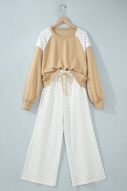 Khaki Polka Dot Patchwork Colorblock Long Sleeve Casual Two Piece Pants Set