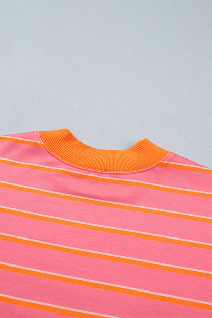 Rose Stripe Color Block Trim Long Sleeve Pullover Pocketed Shorts 2pcs Set