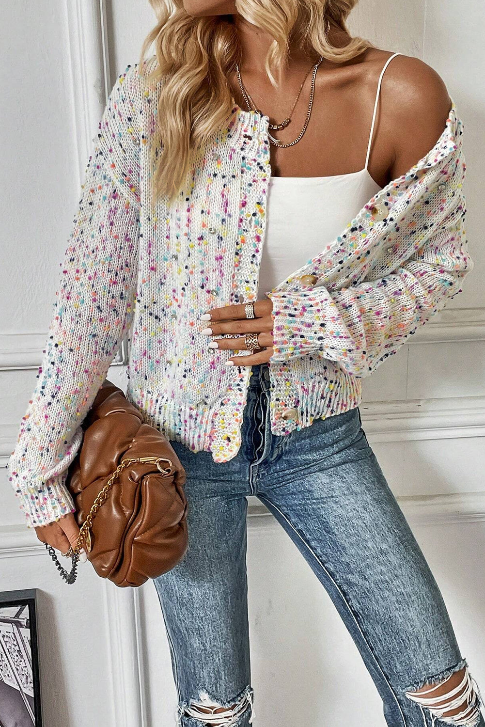 Cardigan blanc à confettis multicolores