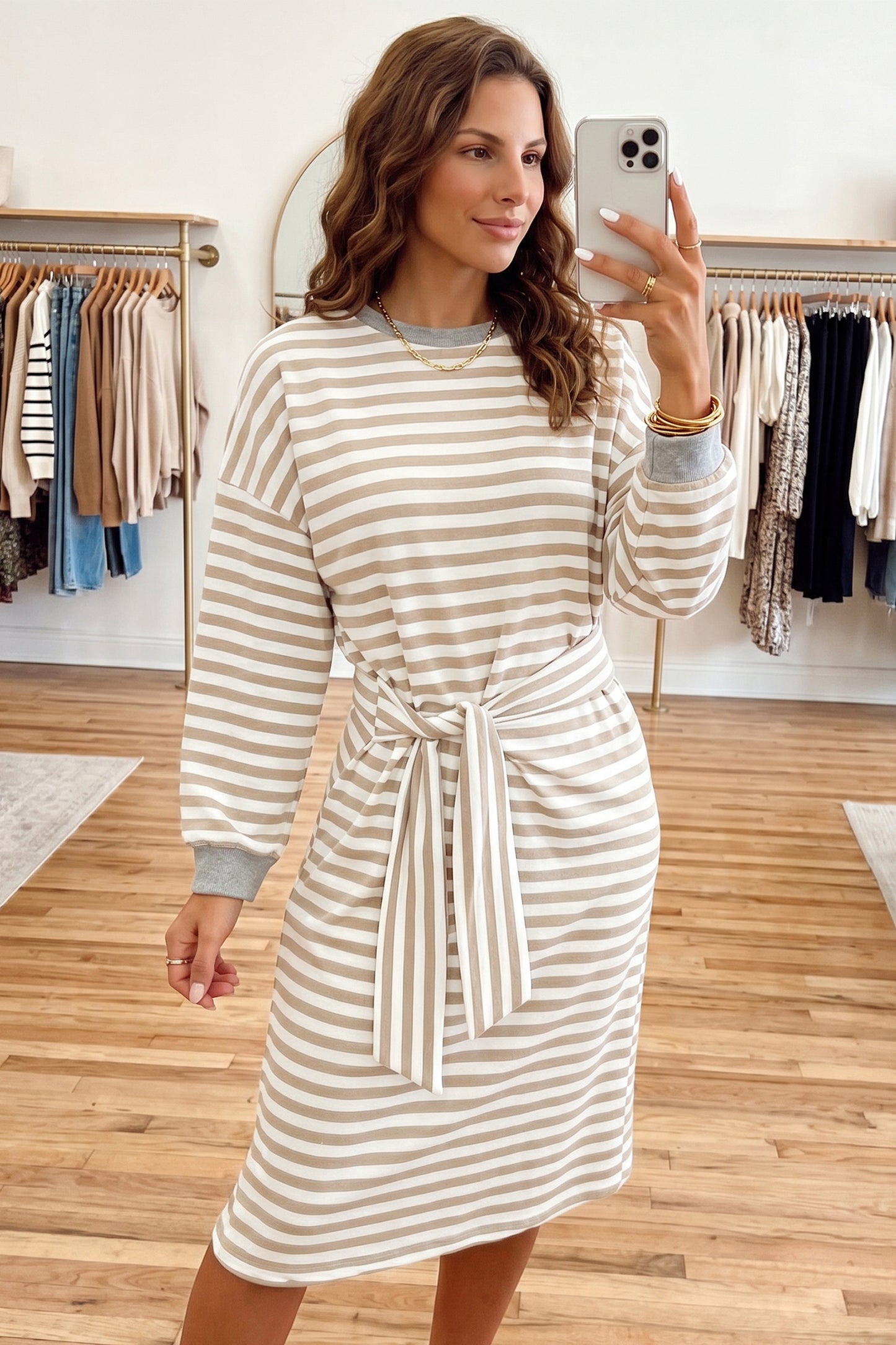 Khaki Stripe Striped Colorblock Cuffs Round Neck Long Sleeve Shift Dress