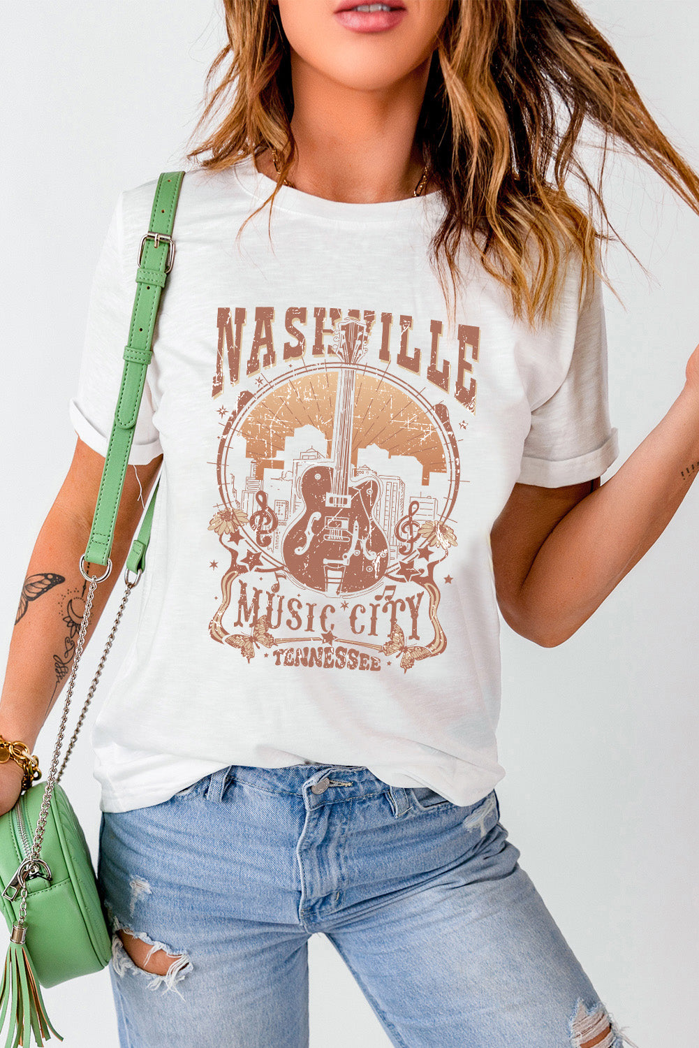 T-shirt ras du cou blanc vintage avec imprimé Nashville Music City