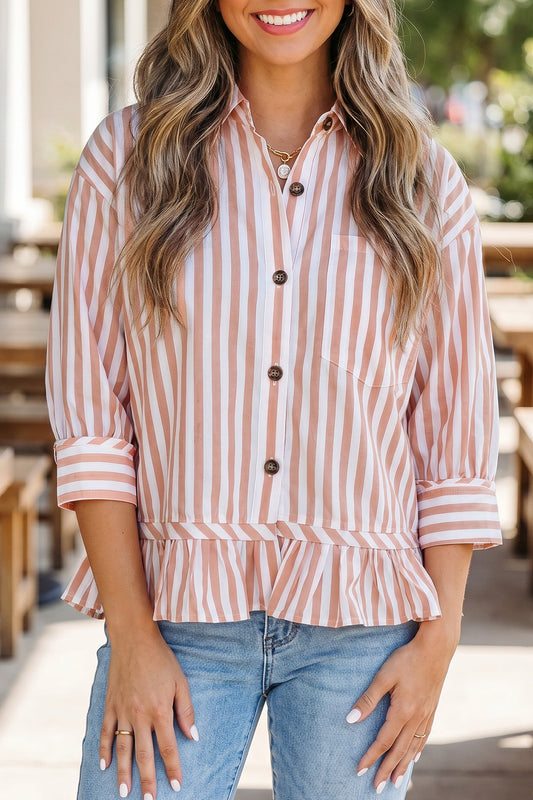 Khaki Stripe Collar Button Front Bracelet Sleeve Ruffle Hem Shirt