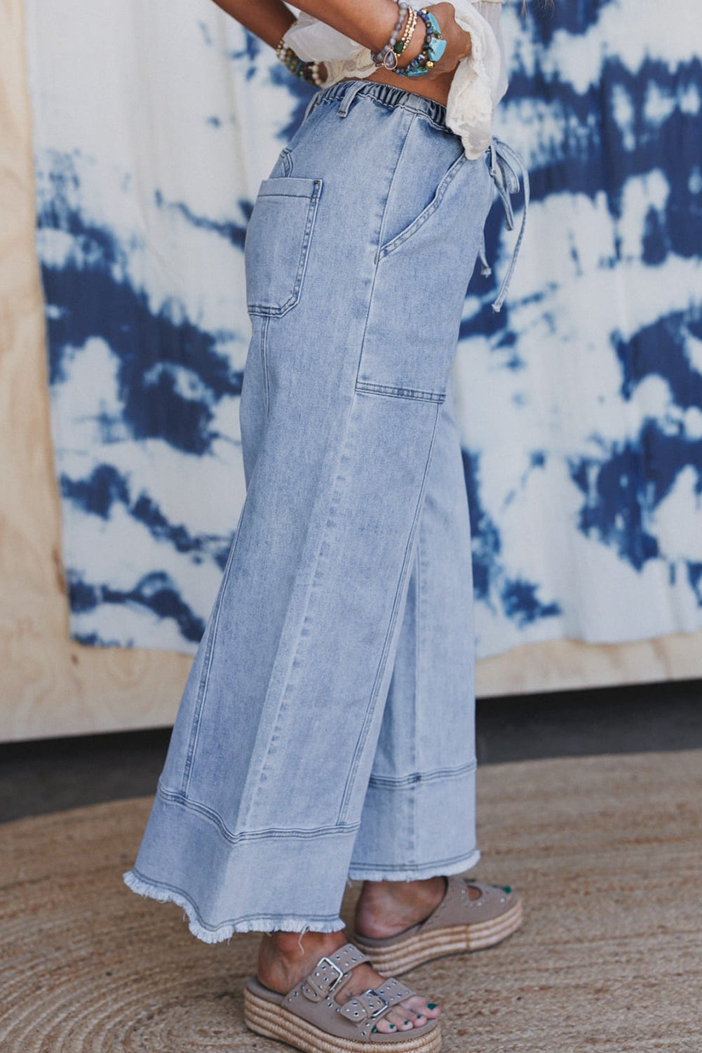 Beau Blue Drawstring Seam Detail Raw Hem Wide Leg Denim Pants