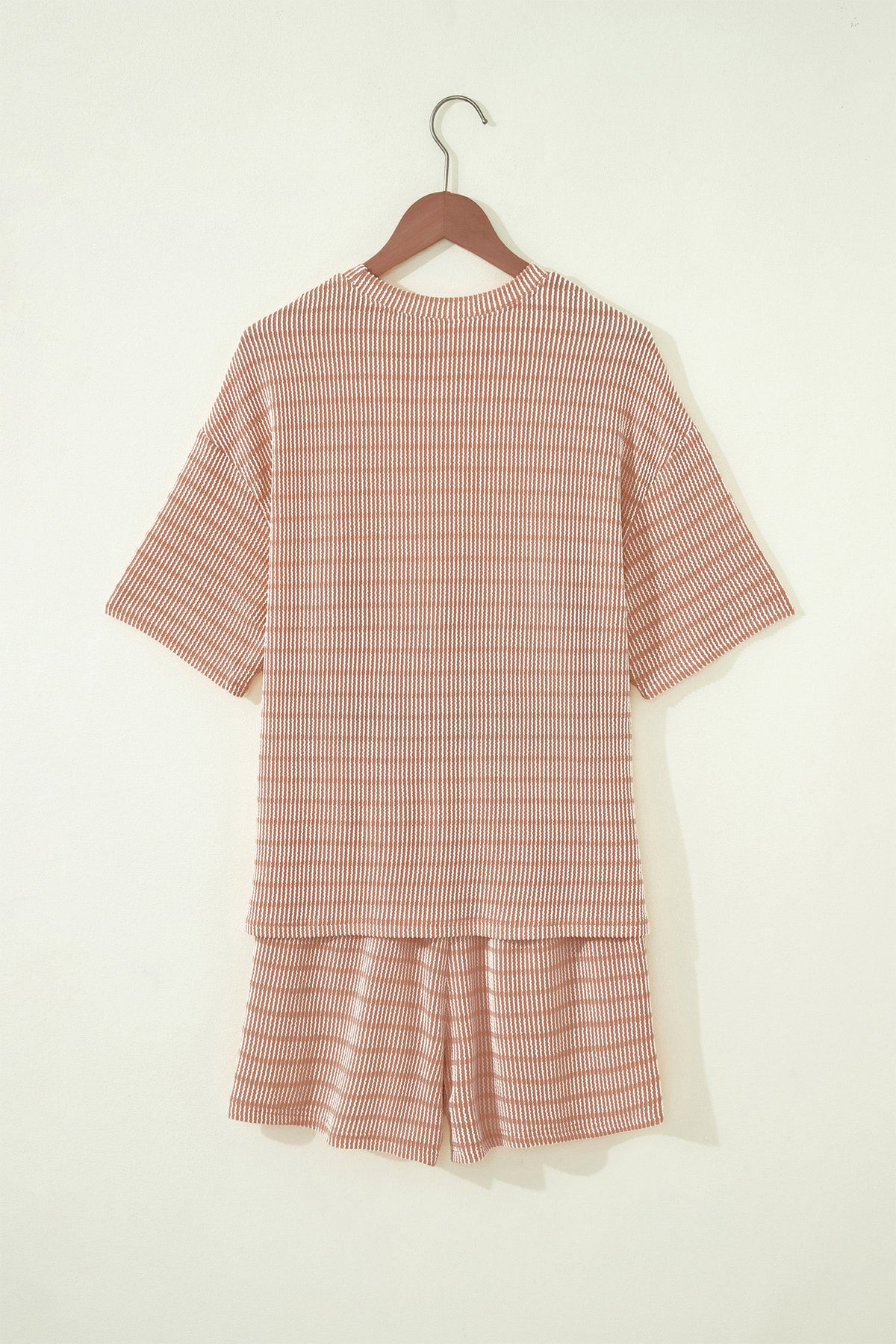 Khaki Stripe Raised Rib Loose Tee Drawstring Elastic Waist 2pcs Short Set