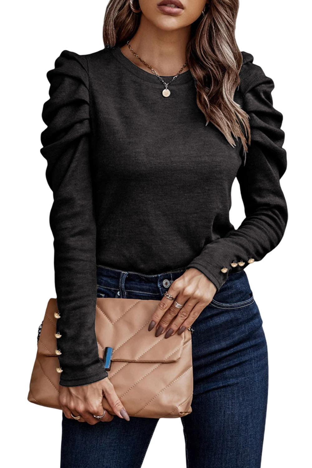 Haut fourreau vert boutonné à manches longues bouffantes