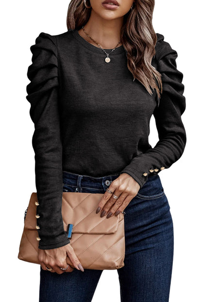 Haut fourreau vert boutonné à manches longues bouffantes