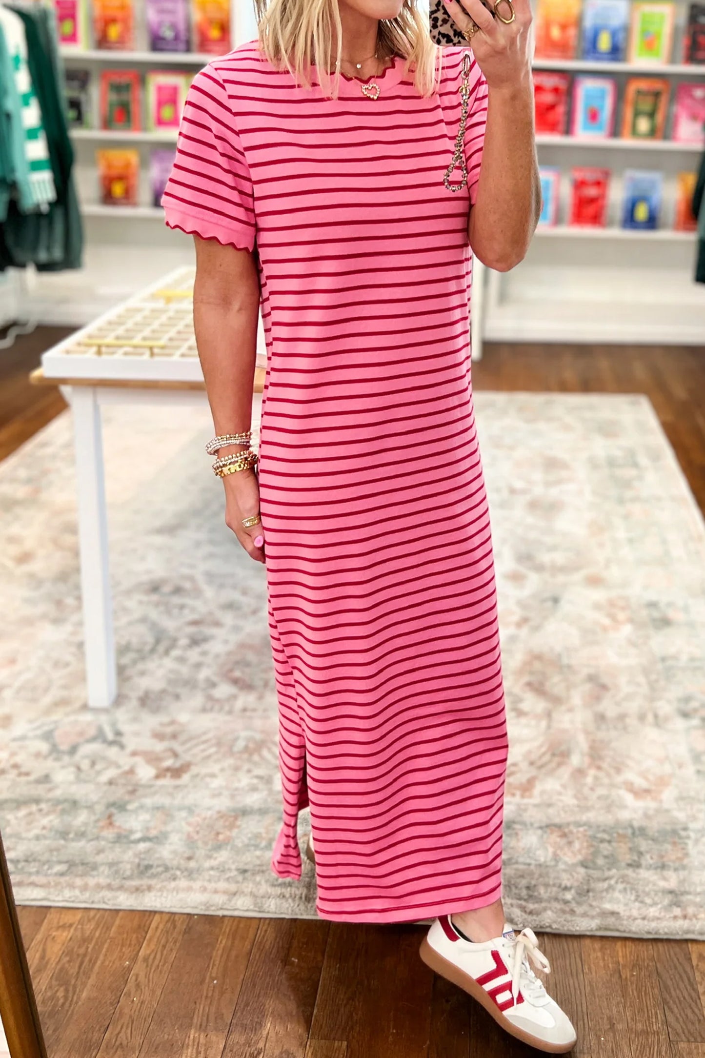 Rose Stripe Striped Short Sleeve Scalloped Trim Side Slit T-Shirt Dress