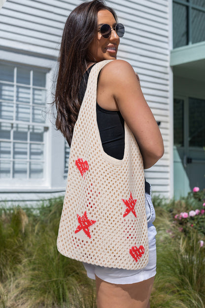 Bolso de hombro de punto ahuecado con estampado de corazón y estrella marrón