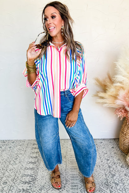 Chemise décontractée boutonnée à rayures roses et manches 3/4