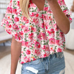 Pink Floral Boxy Fit Ruffled Short Sleeve V Neck Blouse