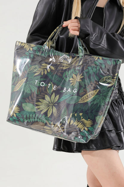 Blackish Green Tropical Print Travel Tote Bag