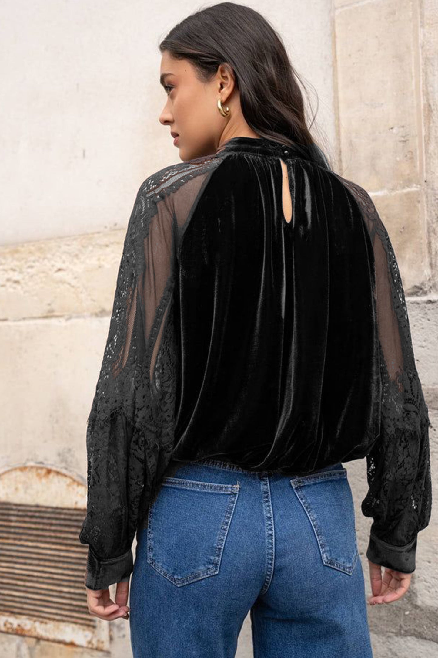 Color Black Solid Color Sheer Lace Long Sleeve Patchwork Stand Neck Velvet Blouse