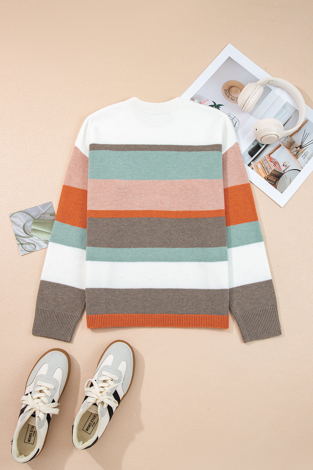 White Striped Color Block Knit Drop Shoulder Sweater