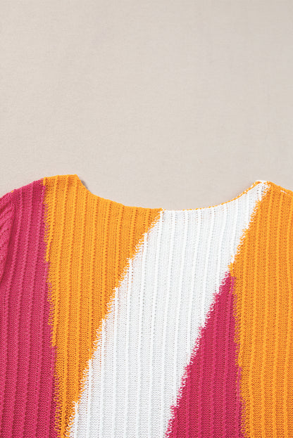 Pull à manches courtes en tricot texturé orange à blocs de couleurs