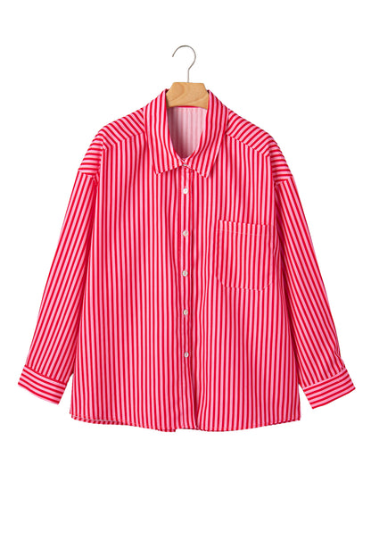 Red Stripe Button-Up Shirt Long Sleeve Patch Pocket Casual Shirt