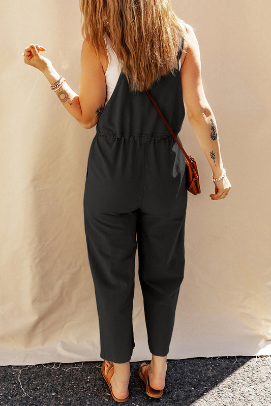 Black Drawstring Buttoned Straps Cropped Overall
