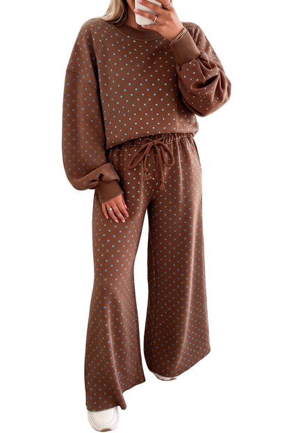 Brown Polka Dot Drawstring Wide Leg Long Sleeve Top Pant Set