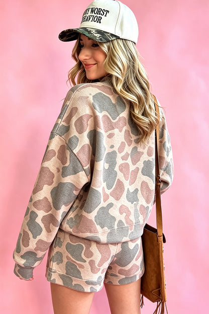 Multicolour Howdy Camouflage High Neck Long Sleeve Top and Shorts Set