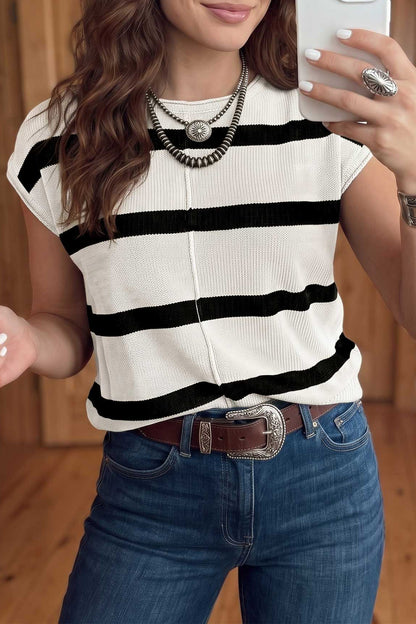 White Stripe Knit Western Short Sleeve Sweater