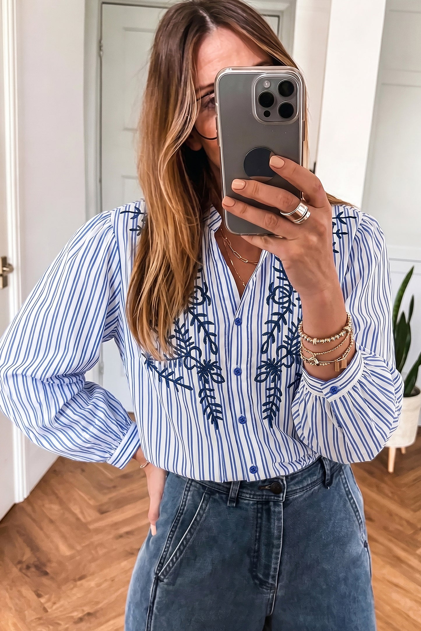 Blue Stripe Embroidered Detail Button Front Long Sleeve Shirt