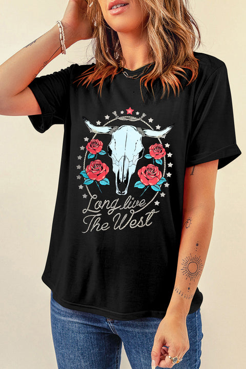 Black Long Live The West Floral Steer Head Graphic Tee