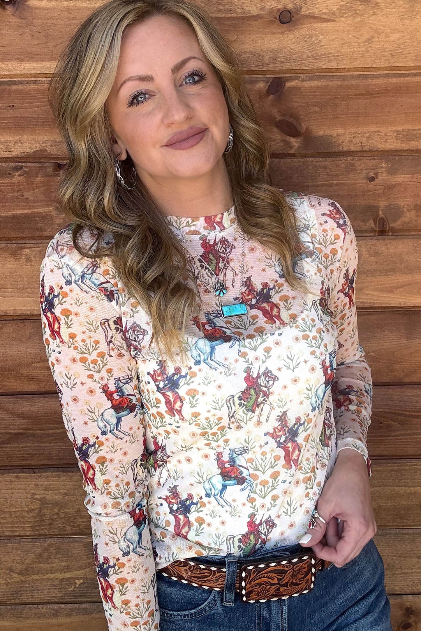 Beige Western Cowboy Floral Print Sheer Mesh Long Sleeve Top
