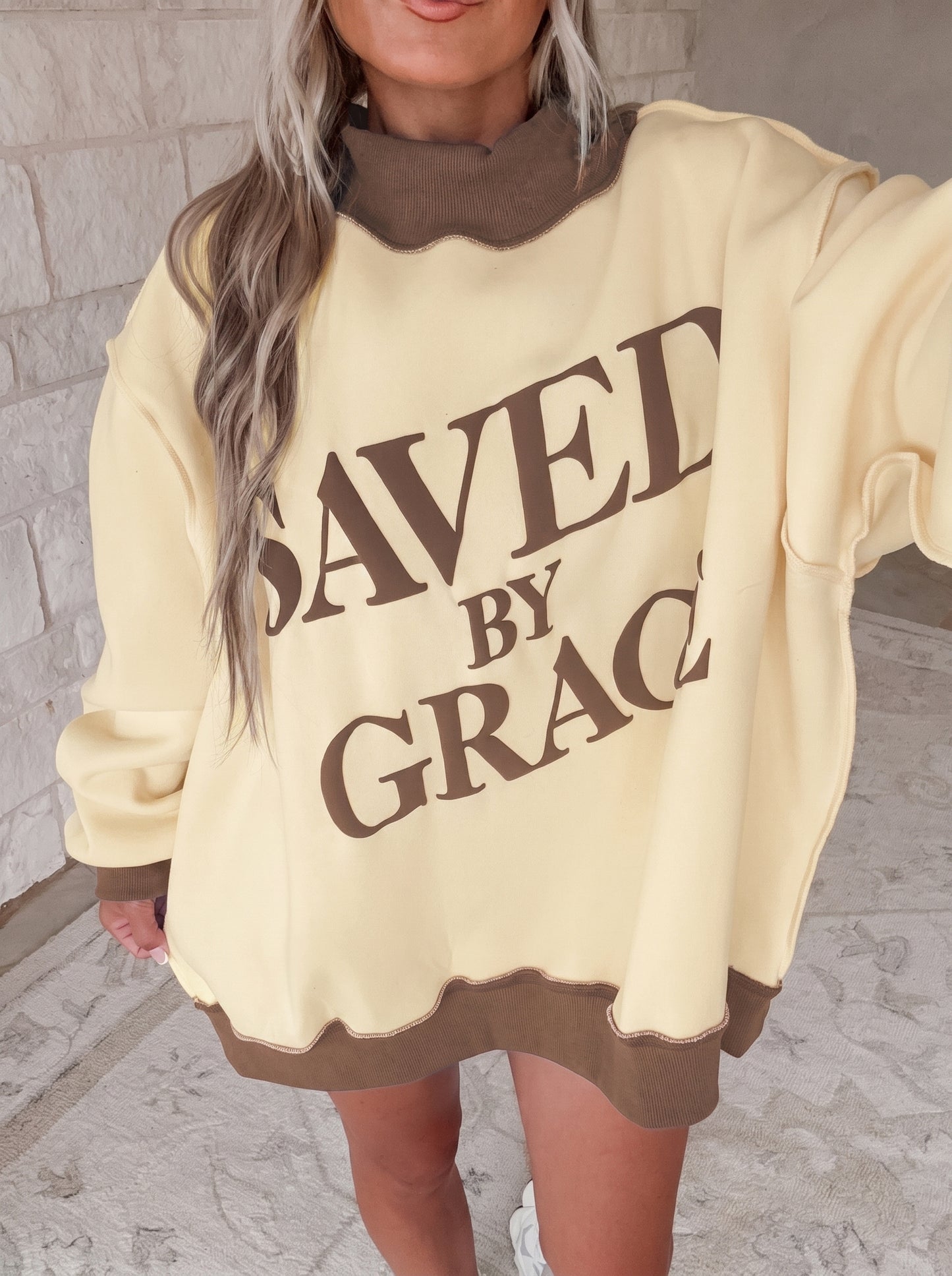 Coffee Saved By Grace Print Color Block Mock Neck Oversized Sweatshirt