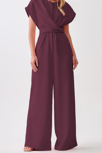 Burgundy Solid Color Cap Sleeve Knot Waist Shift Jumpsuit
