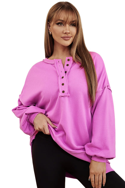 Purple Oversized Exposed Seam Henley Sweatshirt
