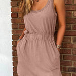 Smoke Gray Mineral Wash U Neck Elastic Waist Sleeveless Mini Dress