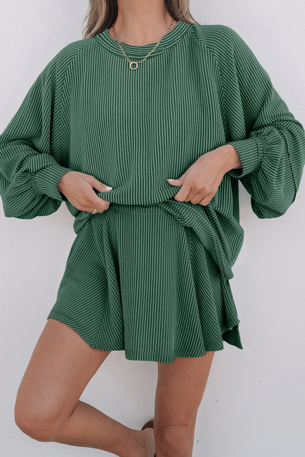 Mist Green Corded Lantern Sleeve Top High Waist Ruffled Mini Skort Set