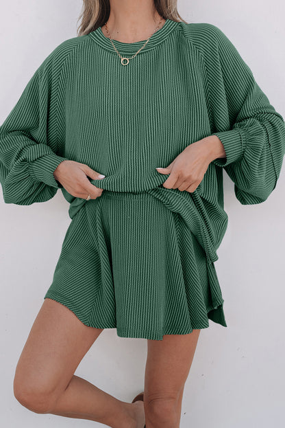 Mist Green Corded Lantern Sleeve Top High Waist Ruffled Mini Skort Set