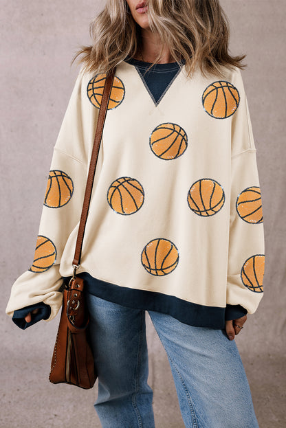Sweat-shirt blanc à paillettes et bordures colorblock à motif graphique de basket-ball