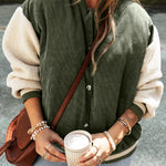 Blouson aviateur boutonné en velours côtelé vert brume avec patchwork