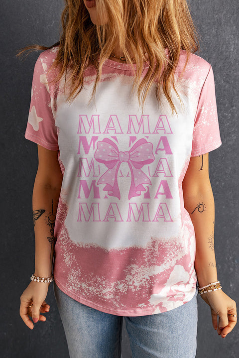 Pink MAMA Bowknot Graphic Bleached Tee