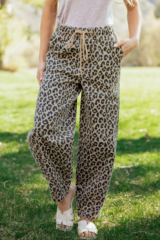 Khaki Leopard Print Drawstring Elastic Waist Loose Denim Pants with Pockets