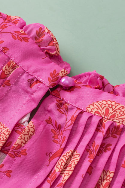 Chemisier plissé à imprimé floral rouge rose et manches flottantes