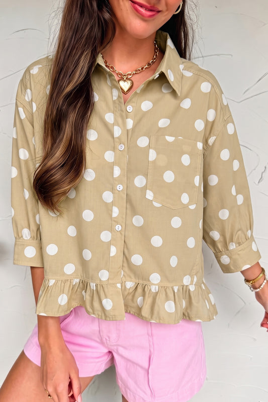 Khaki Polka Dot Print Three Quarter Sleeve Ruffle Hem Casual Shirt