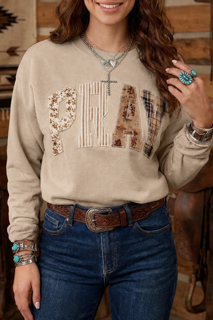 Parchment Floral Buffalo Plaid Striped Embroidered Patch Western Pullover Sweatshirt