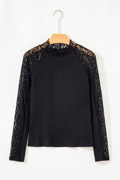 Black Leopard Mesh Patchwork Knit Long Sleeve Top