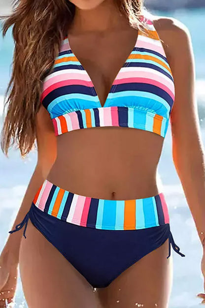 Ensemble bikini dos nu à rayures multicolores et froncé 