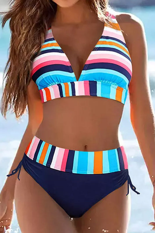 Conjunto de bikini sin espalda con cuello halter y lazo fruncido a rayas multicolor 