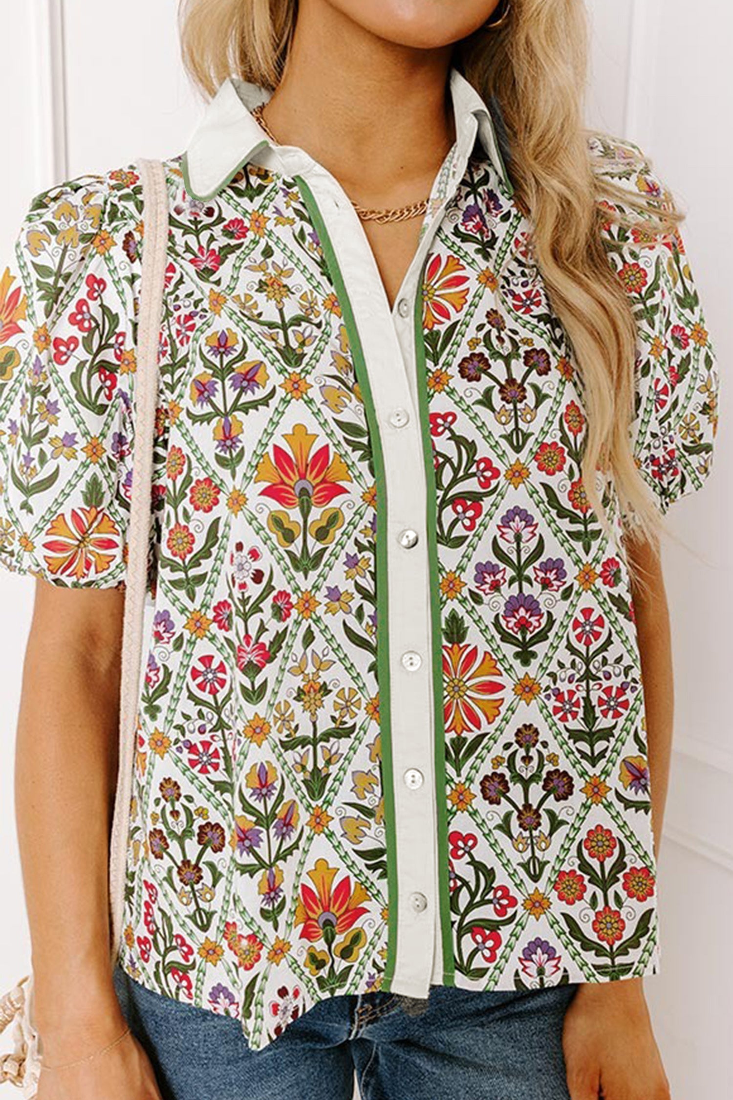 Green Short Bubble Sleeve Floral Shirt