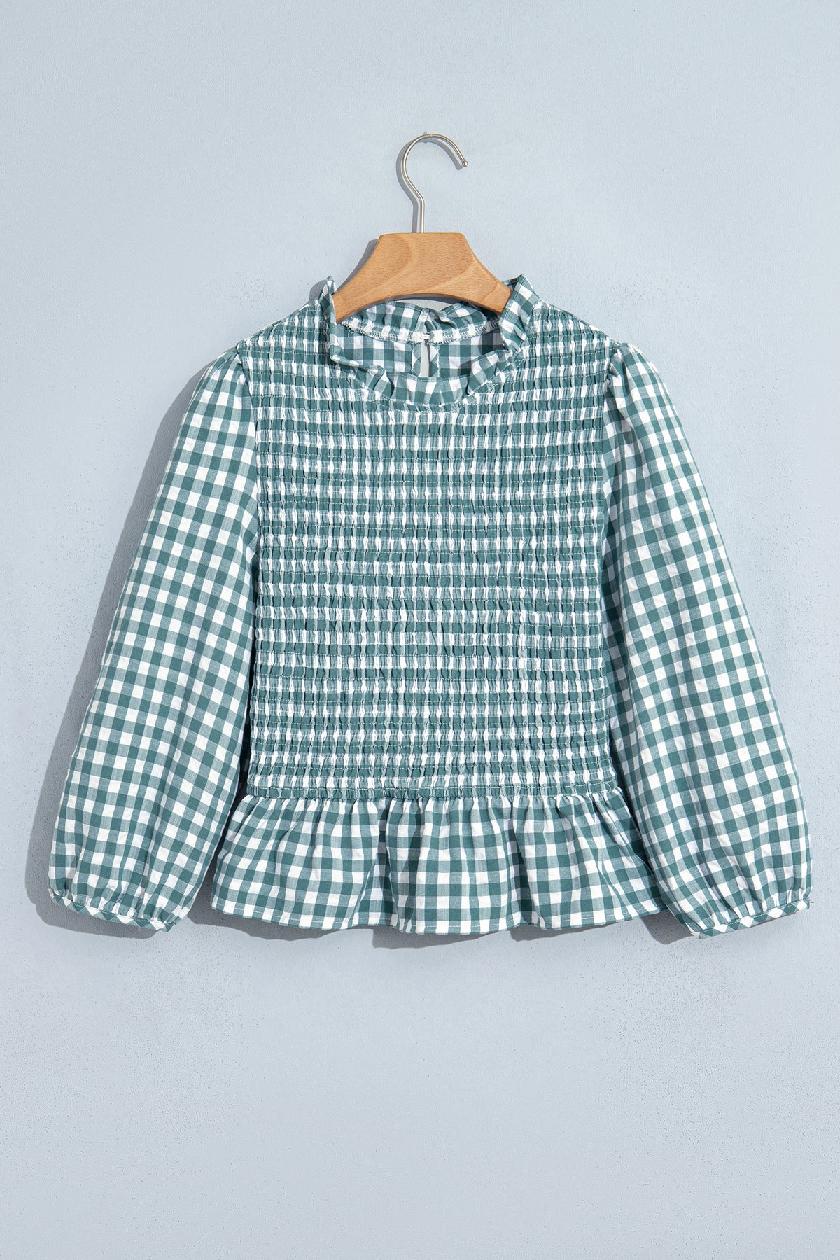 Green 3/4 Sleeve Shirred Plaid Peplum Top