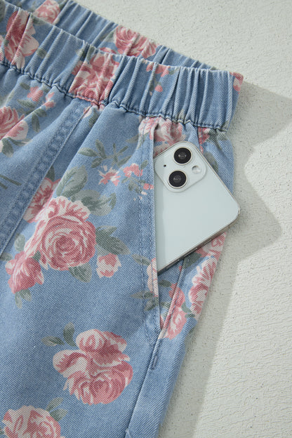 Sky Blue Floral Denim Short Sleeve Top Loose Shorts 2pcs Set