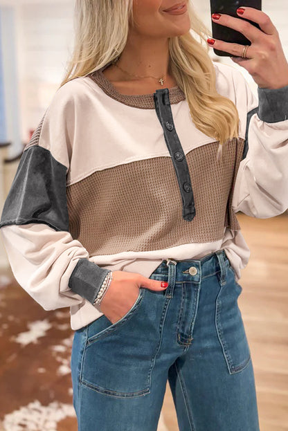 Jet Stream Color Block Waffled Patchwork Loose Henley Top